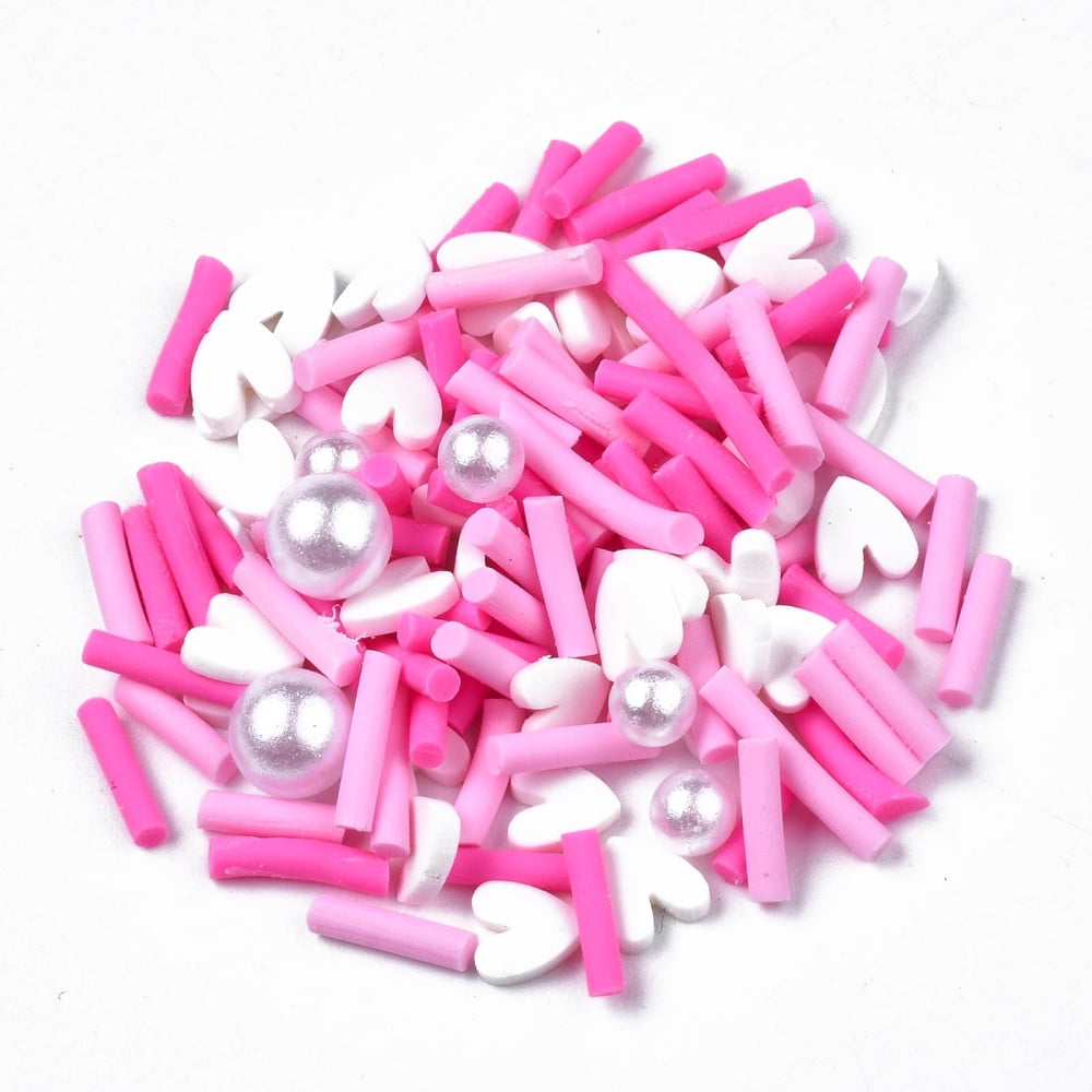 Handmade Polymer Clay Cabochons Fashion Nail Art Decoration Accessories with Plastic Imitation Pearl Beads Mixed Shapes Hot Pink 2~12x1.5~5x1~5mm