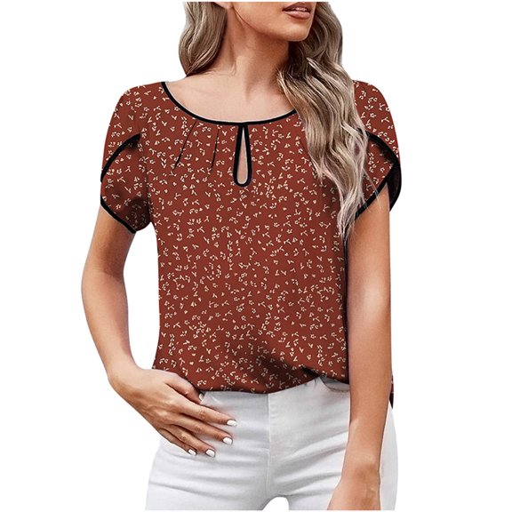 USSUMA Petal Sleeve Hollow Out Summer Tops for Women 2022 Trendy Polka Dot Womens Tunic Tops Round Neck Basic Shirts Tees Short Sleeve Dressy Blouses for Women