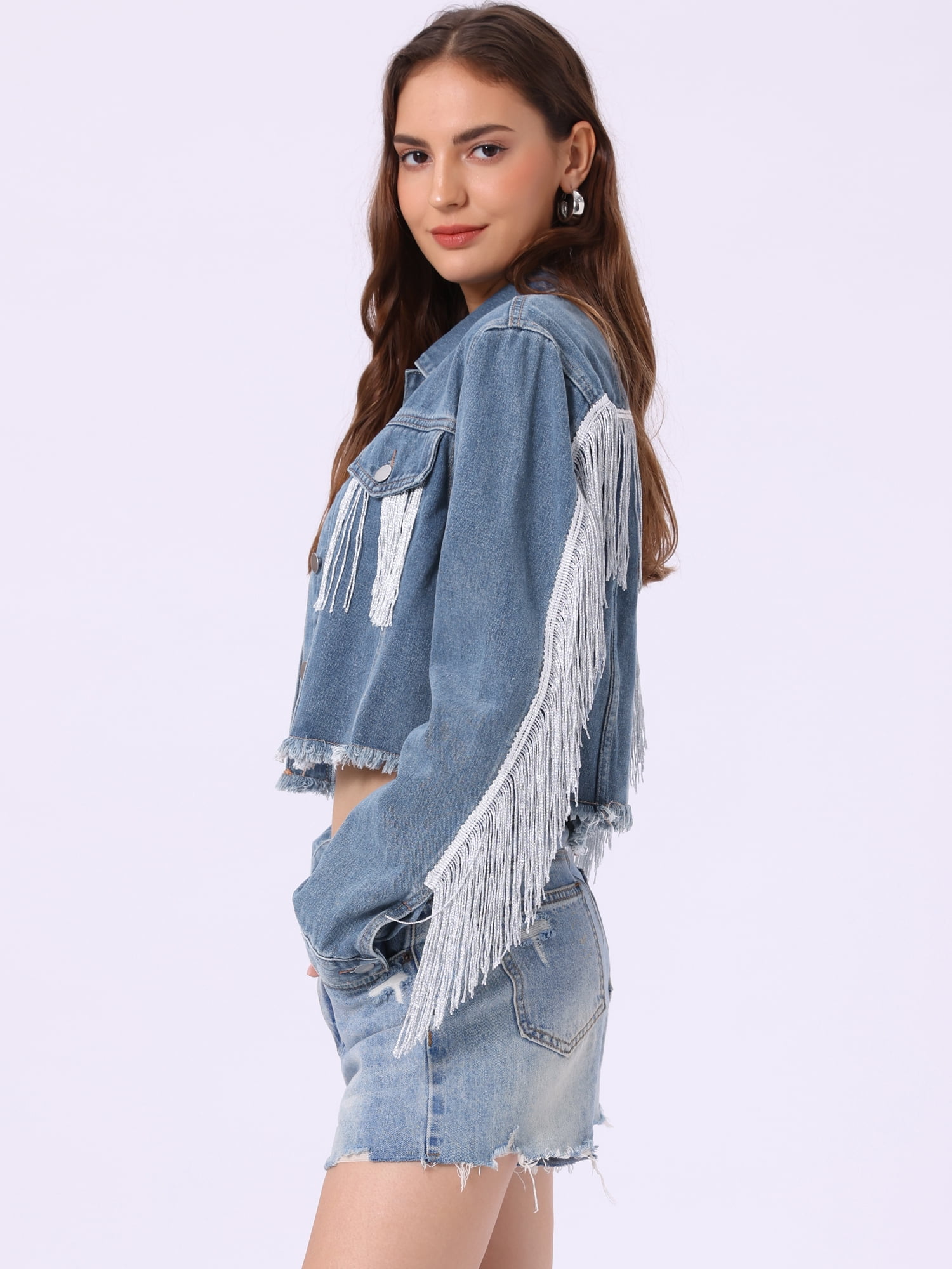 DARING DIVA Women's Cropped Jean Long Sleeve Frayed Tassel Fringe Denim Jacket XL Gray Blue