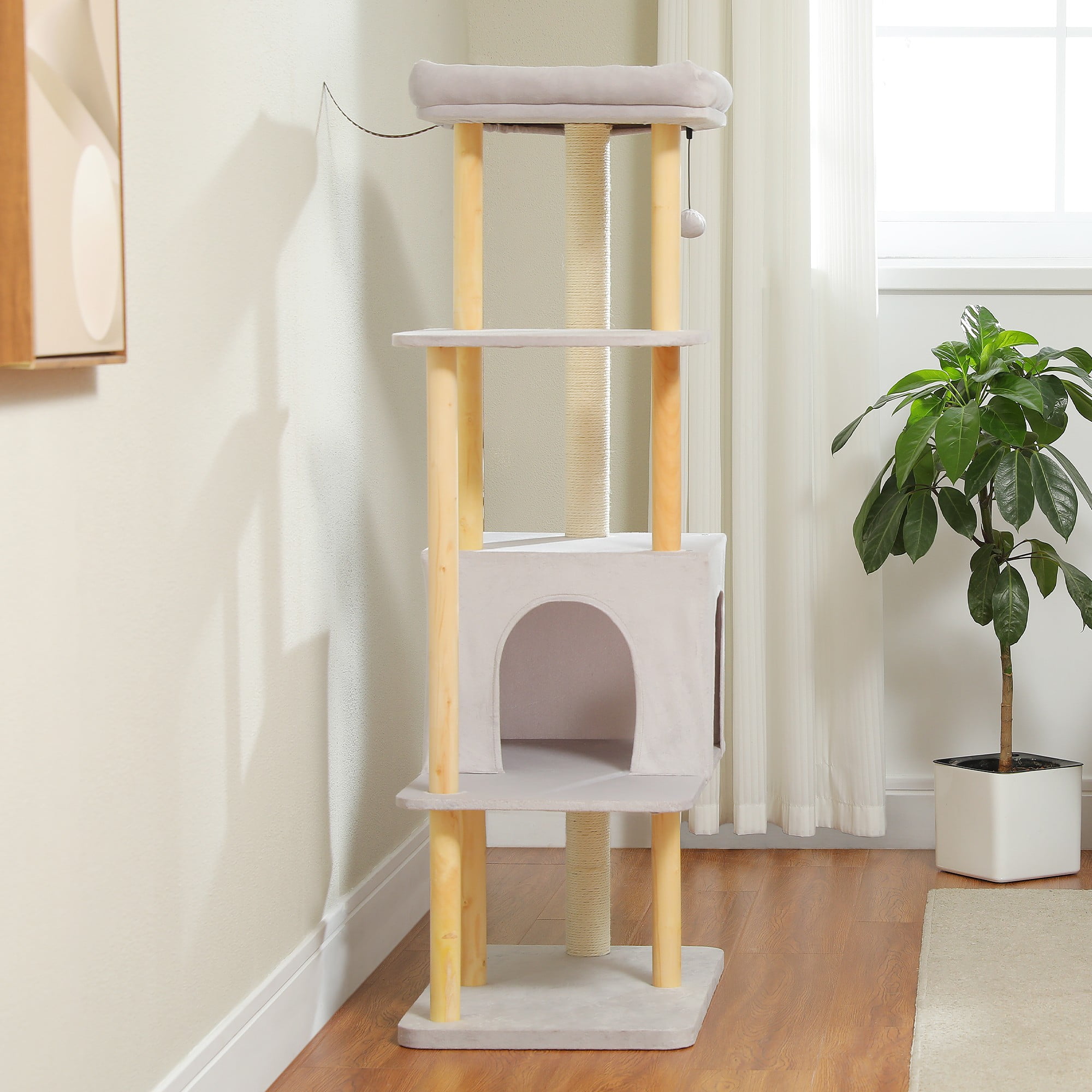 resenkos 53" Modern Wooden Cat Tree Tower for Indoor Cats, Multi-Level Cat Condos with Long Scratching Posts and Scraping Columns, Gray