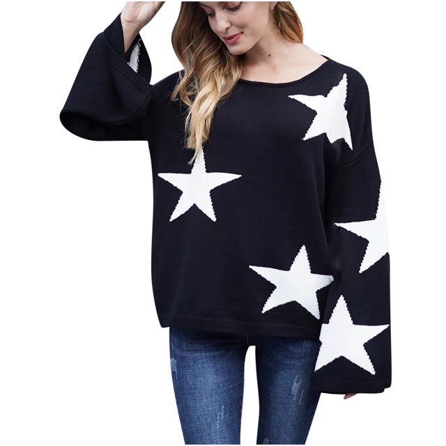 Mujer moda estrella Casual manga larga cuello redondo suelta Tops blusa suéter Fridja hjk1451