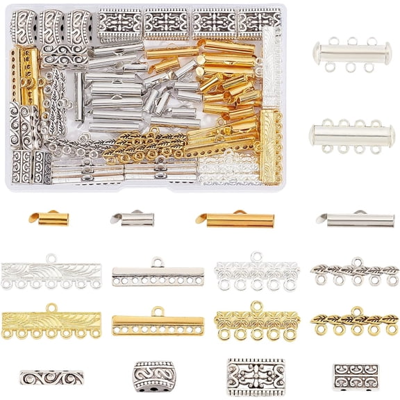 18 Styles Layering Clasp 166pcs Slide Lock Clasps Multi Strand Necklace Slide On End Clasp Tubes Tibetan Charm Connector Links Jewelry Clasps for Layered Bracelet Necklace Crafts