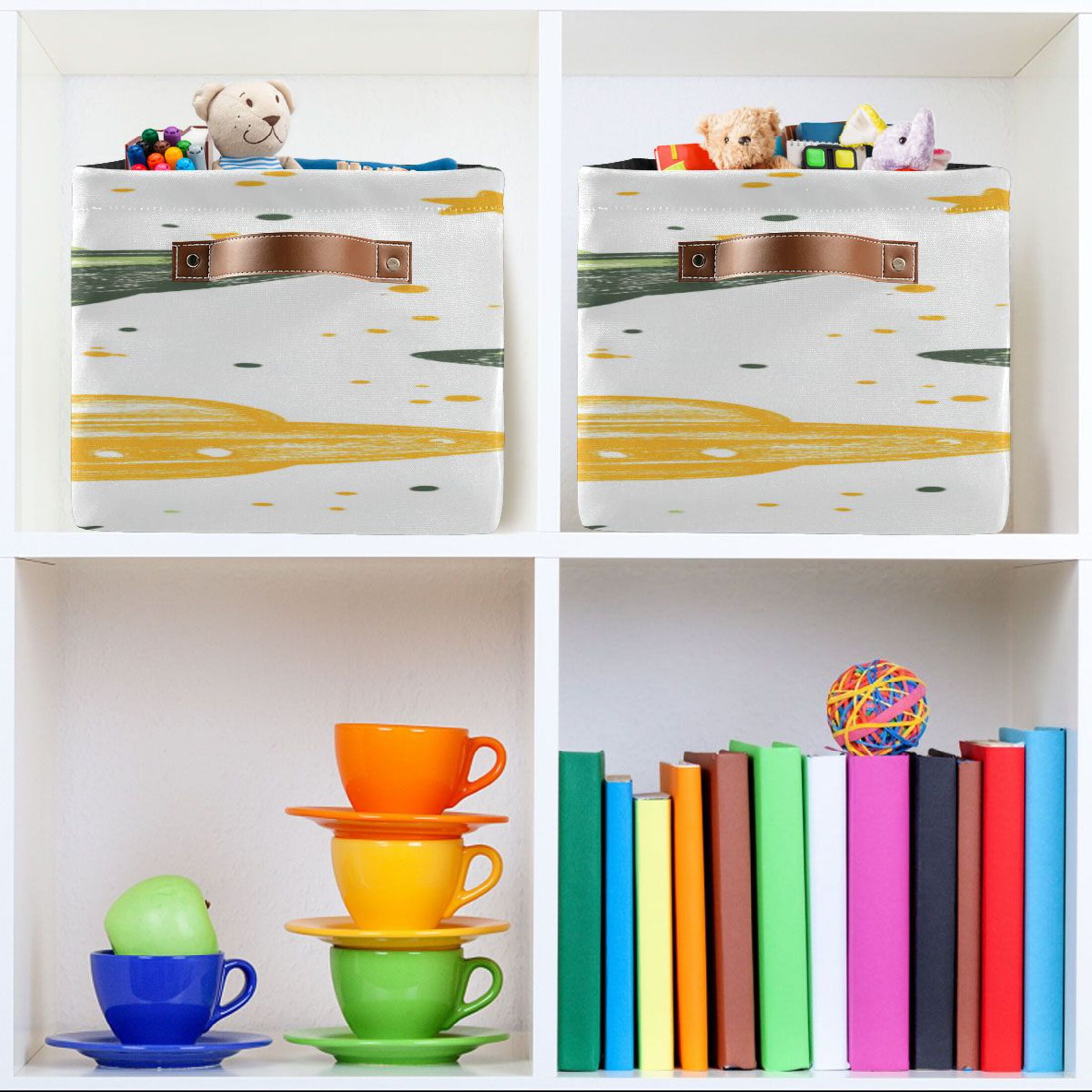 Green Yellow Ufos Crayon Painted Square Storage Bins with Handles Collapsible Containing Box 2 Packs