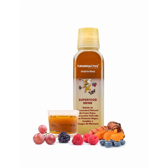 TURMERIACTIVE | Bebida a Base de Resveratrol, Cúrcuma Activada con Pimienta Negra Vinagre de Manzana, Frutos Rojos y Jengibre - 480 ml | GOLD IN SHOT - SUPERFOOD 100% Natural y Vegano | Incluye Shot