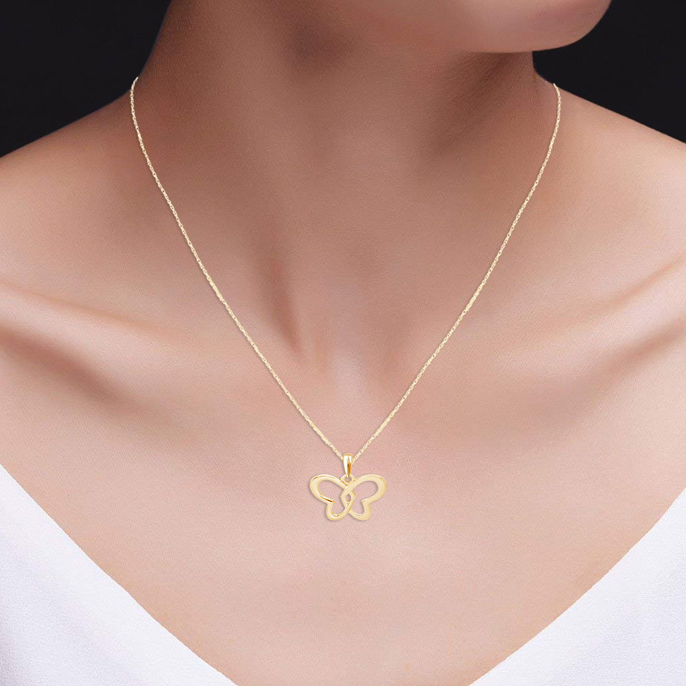 AFFY Beautiful Two Tone Double Heart Butterfly Pendant Necklace in 14K Yellow Gold Over Sterling Silver