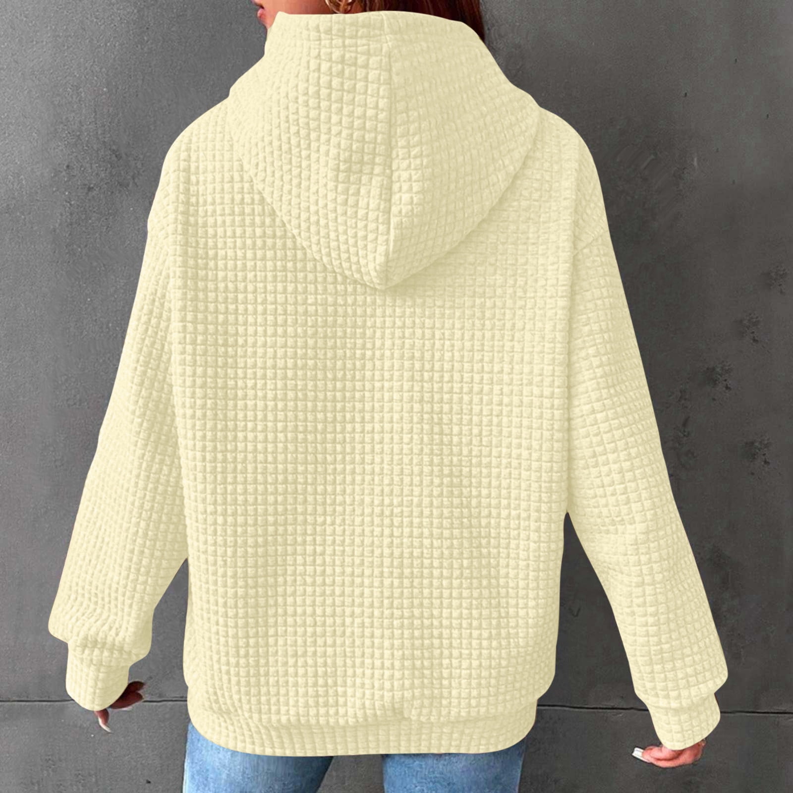 SZJXBUY Waffle Pullover Hoodie Women,Hoodies for Women Casual Pullover Waffle Long Sleeve Drawstring Hooded Sweatshirt with Pocket 2024 Beige,M