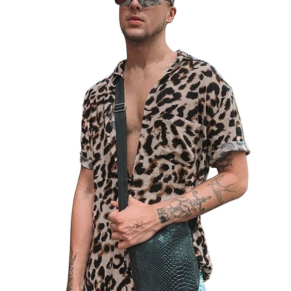 INCERUN Men's Sexy Fancy Leopard Print Short Sleeve Button Down Lapel Shirt Top