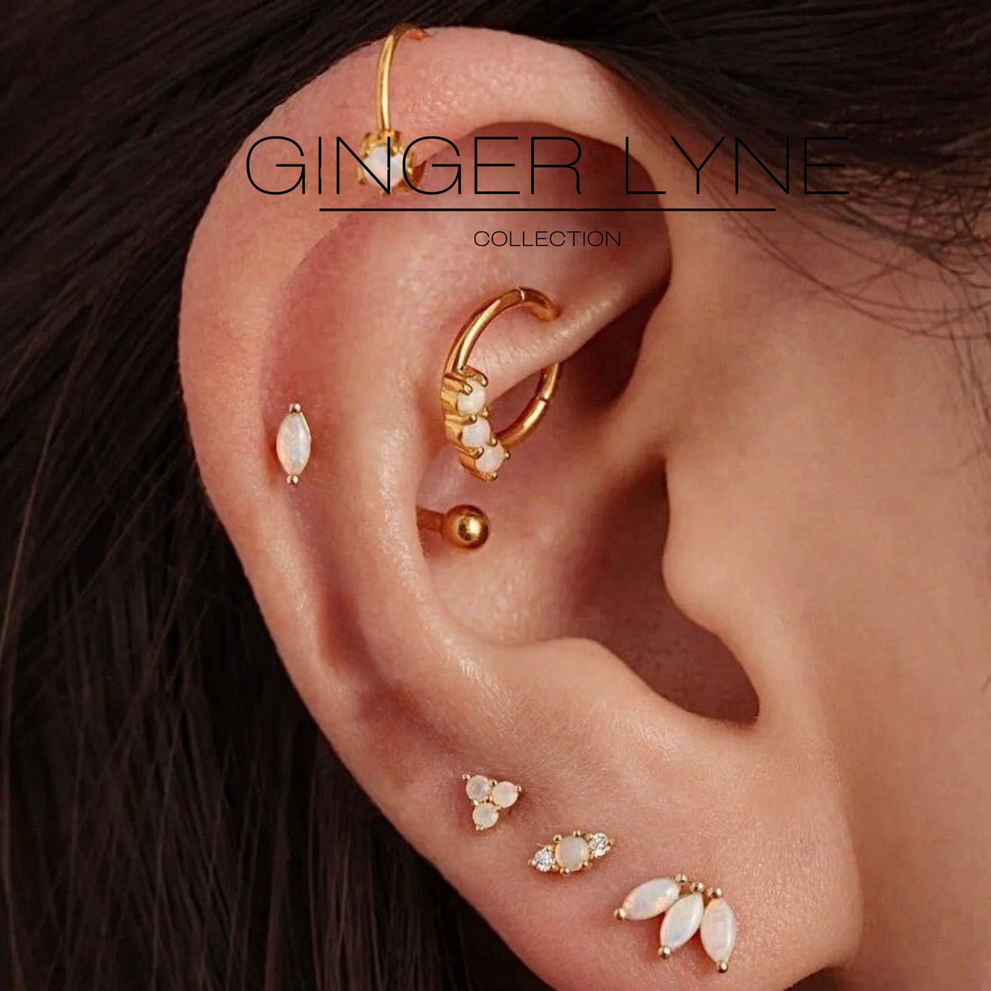 Created Opal Flat Back Earrings for Cartilage Helix Tragus Lobe16g Gold over Sterling Silver Studs Pair by Ginger Lyne
