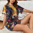 thumbnail image 4 of Uemuo Colorful Daisy Sunflower Cow Pattern Women's Short-Sleeved Pajama, Button-Front Loungewear, 2-Piece Summer Sleepwear, Elastic Drawstring Shorts-Large, 4 of 7