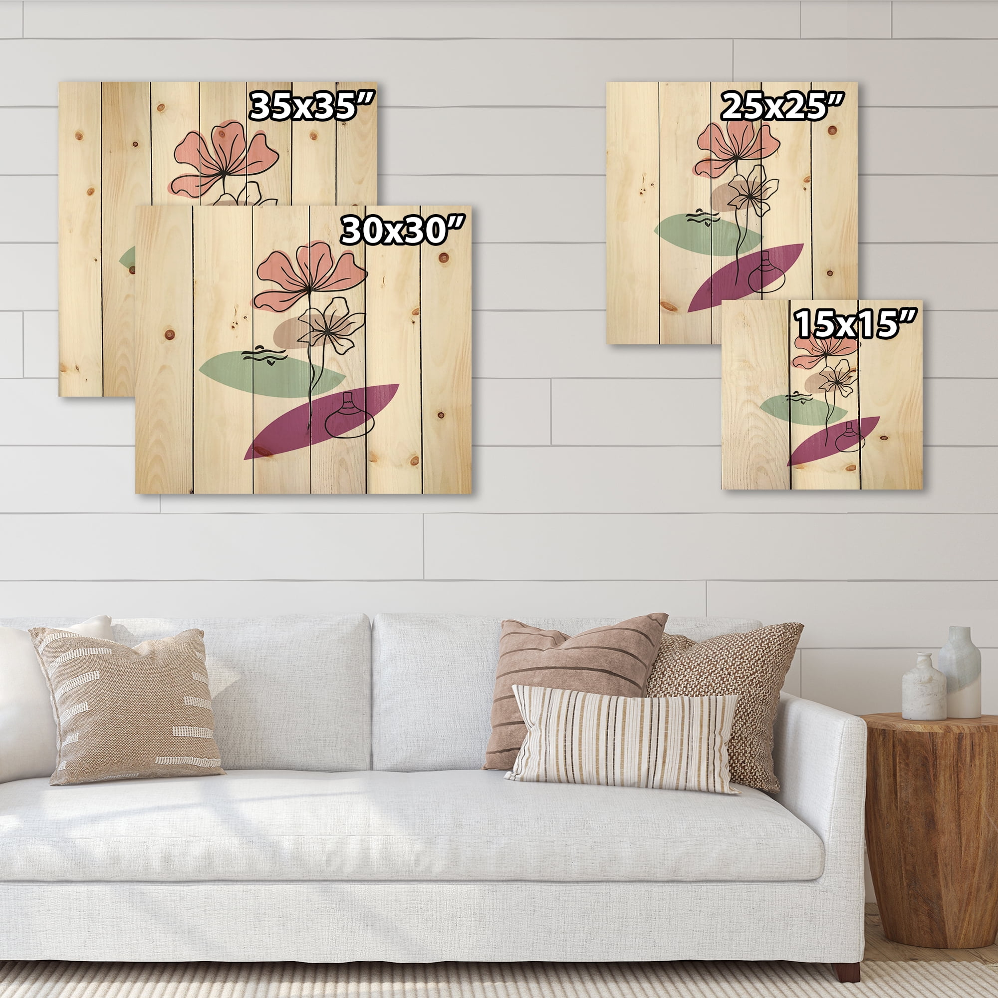 Designart 'Abstract Flowers Plants With Elementary Shapes IV' Modern Print on Natural Pine Wood