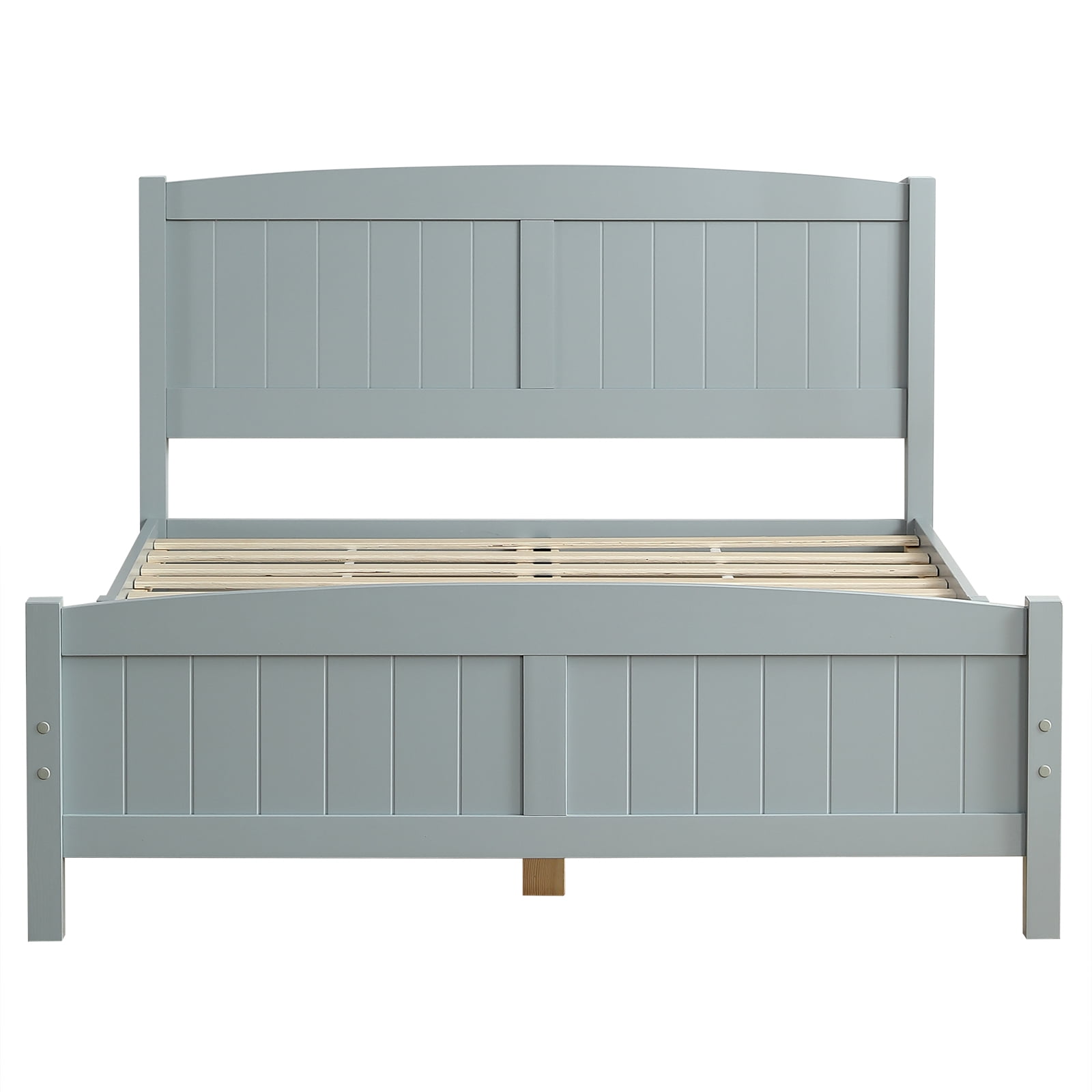 Full Single Bed Frame Vertical Striped Decorative Curved Headboard and Footboard Bed Frame Painted + Melamine Veneer & Pine + MDF Wood Bed, 77.8*56.54*37.8in Grey