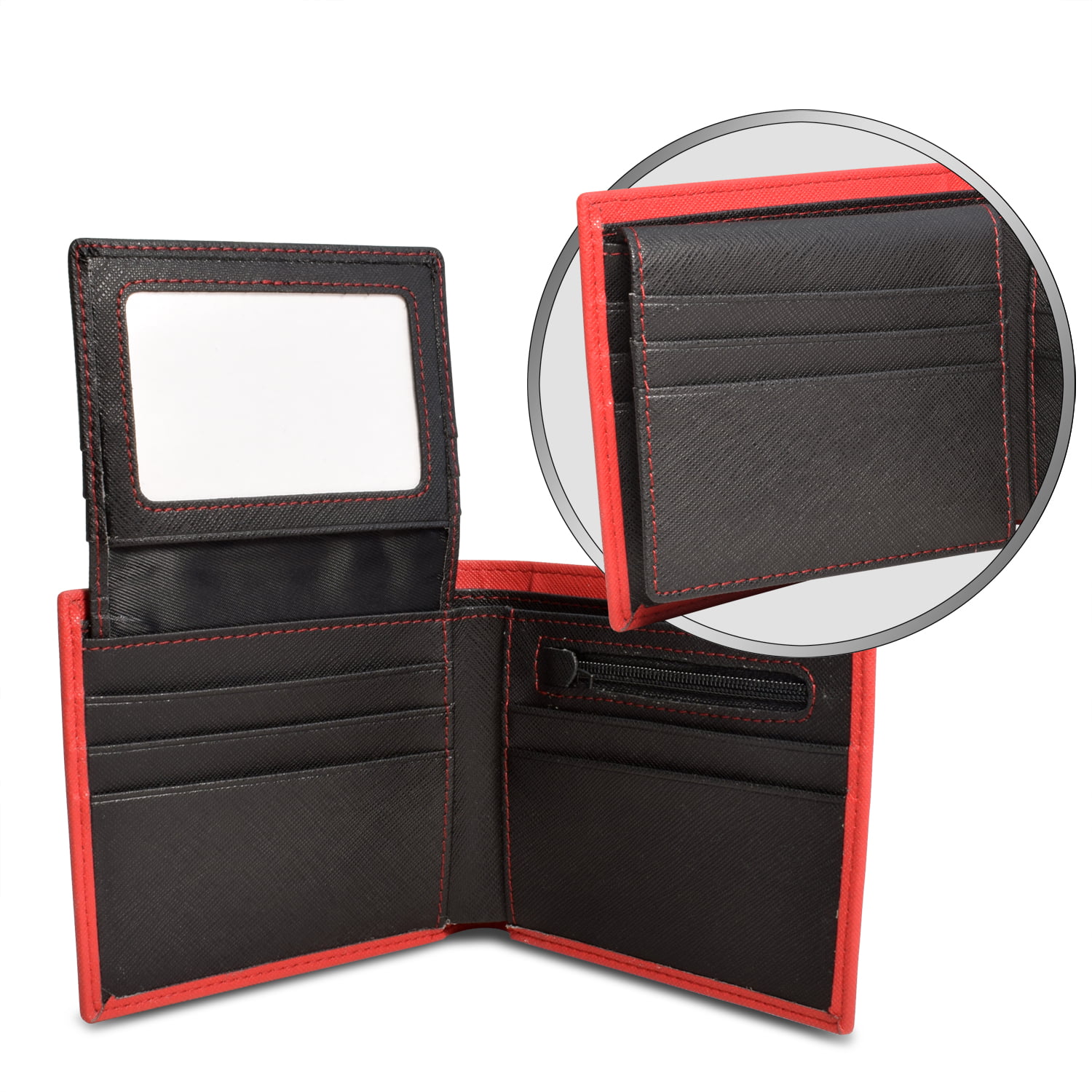 Carbon Wallet Stitched Premium Fiber Logo Red Ford Mustang with Real Black Tri-Bar Edge