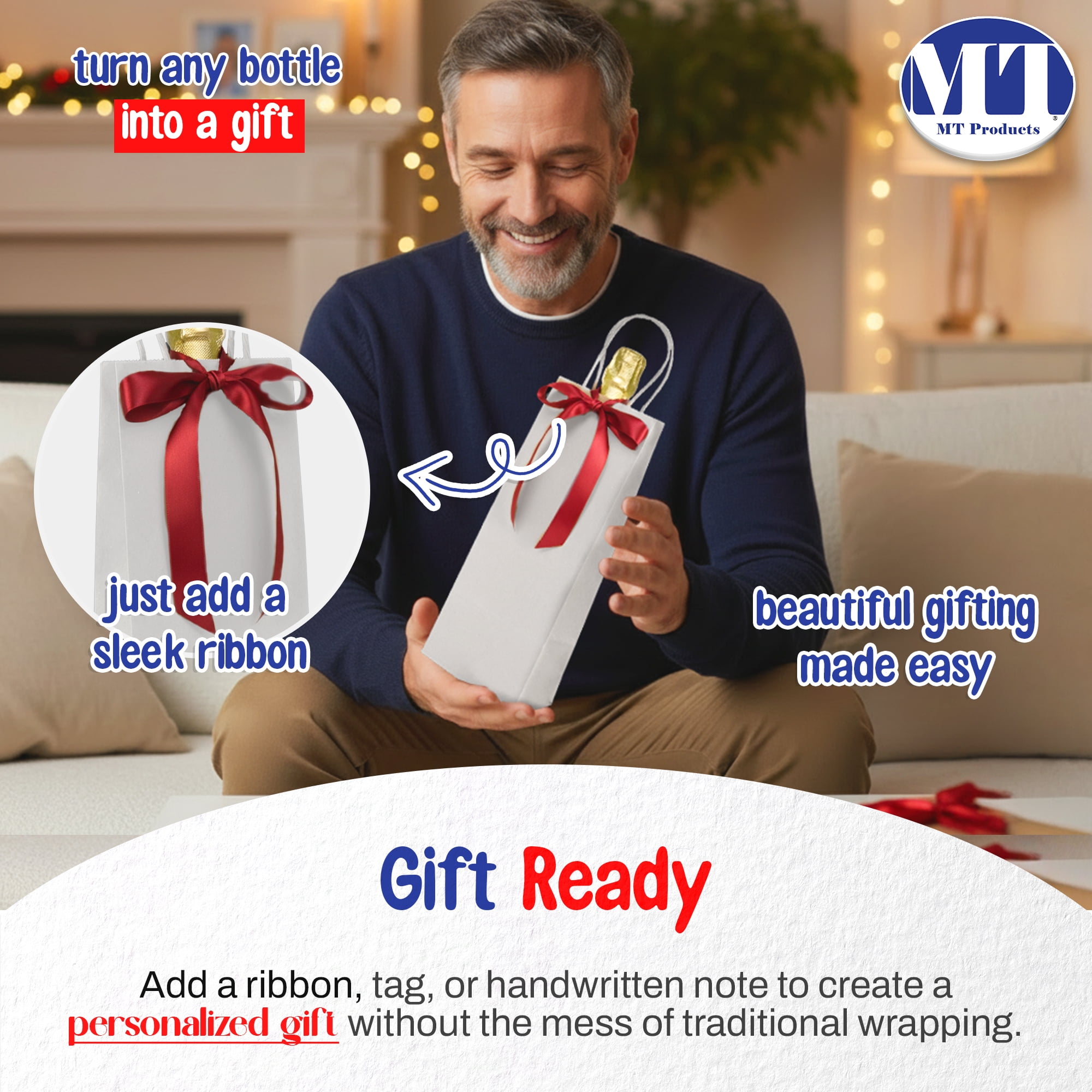 MT Products White Paper Wine Gift Bags with Handle 5.25" x 3.25" x 13.13" - Pack of 504