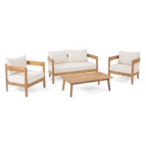 GDF Studio Burrough Outdoor Acacia Wood 4 Seater Chat Set with Cushions, Teak and Beige