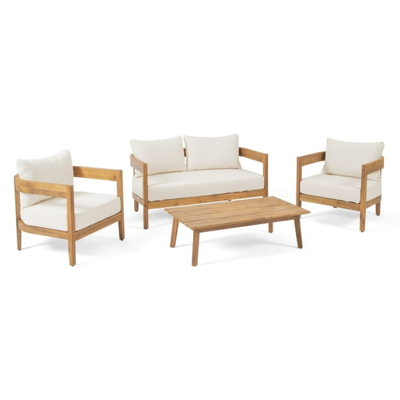 GDF Studio Burrough Outdoor Acacia Wood 4 Seater Chat Set with Cushions, Teak and Beige