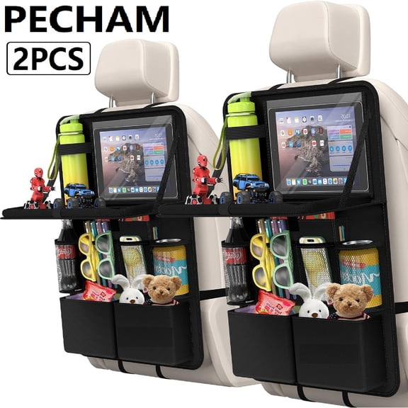 PECHAM 2PCS Car Backseat Organizer with Table Tray, 11 Storage Pockets Car Storage Organizer with Foldable Tablet Holder, 3-in-1 Seat Back Protectors Kick Mats Travel Accessories