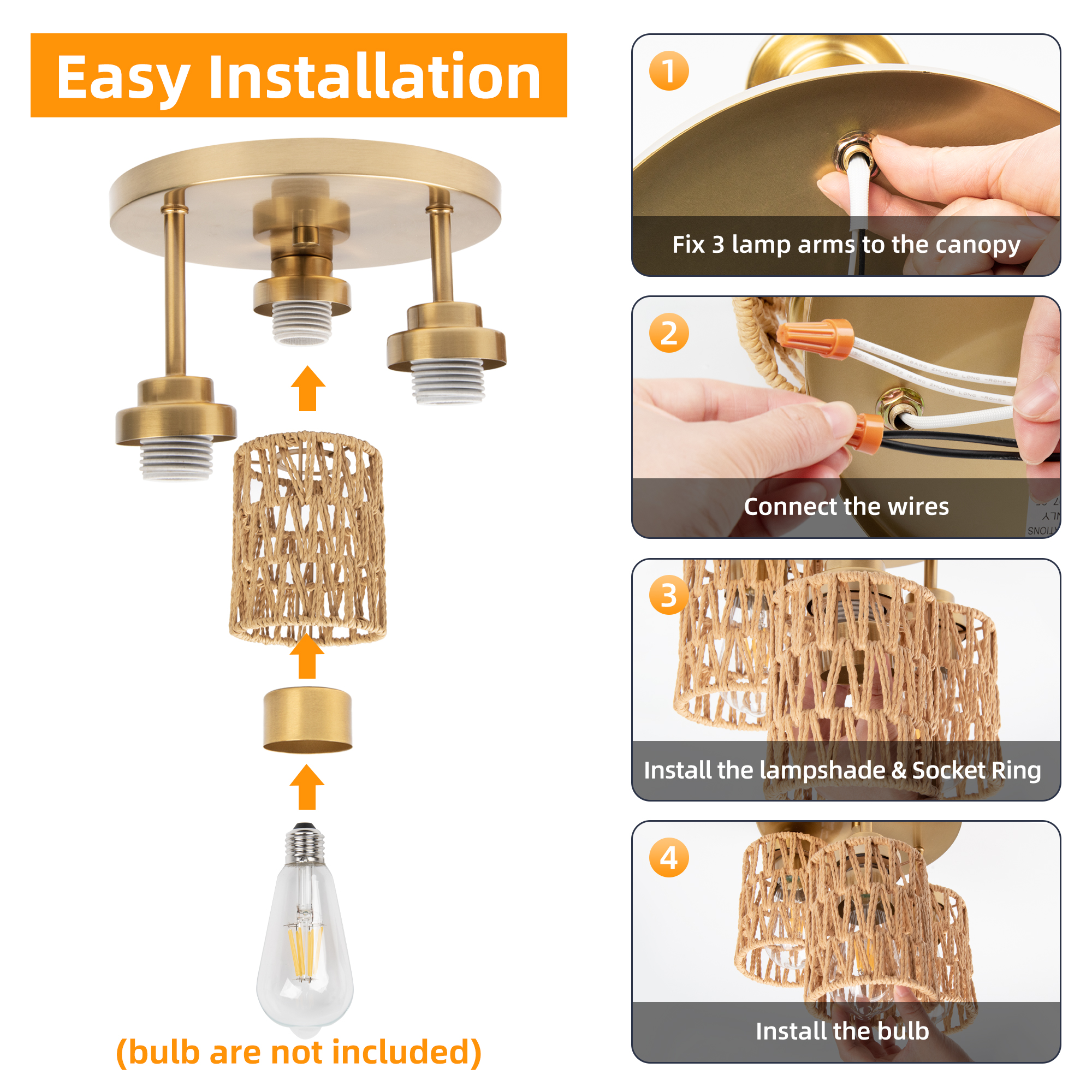 Hlite Boho Flush Mount Ceiling Light with Hand Woven Rattan Shades,3-Light Rustic Ceiling Light for Hallway Kitchen Living Room,Bulb Not Included,1 Set
