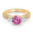 thumbnail image 2 of Gem Stone King 18K Yellow Gold Plated Silver Pink Created Sapphire Sky Blue Aquamarine and White Moissanite Engagement Ring for Women (2.24 Ct, Gemstone September Birthstone, Round 7MM, Size 8), 2 of 3