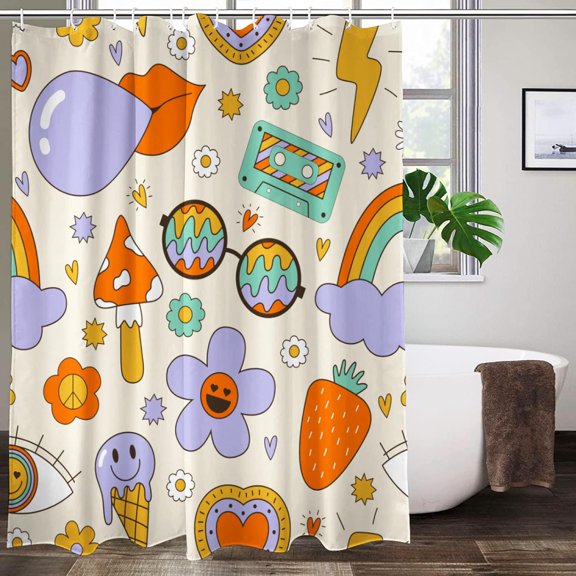 70s 80s 90s Retro Flowers Vintage Psychedelic Cute Shower Curtain Washable Waterproof Fabric Bath Curtains Set for Bathroom Decor Art with 12 Hooks - 72x72 Inch