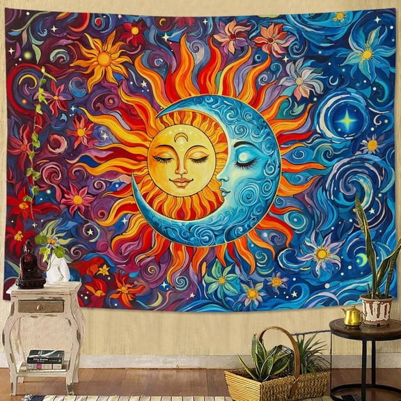 Gojian Yellow Sun and Moon Tapestry Vintage Indie Boho Tapestry Wall Hanging with Sunflowers Butterfly Moth Constellation Aesthetic Wall Tapestries for Bedroom Dorm Living Room
