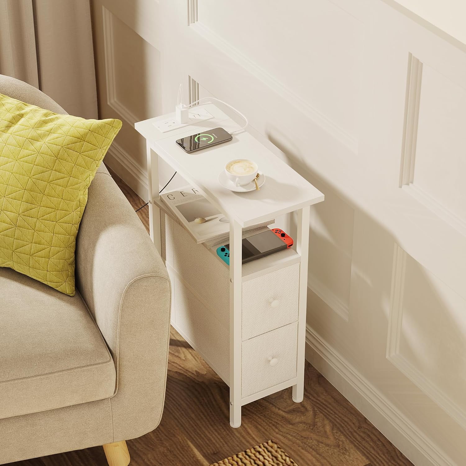 End Table Set 2 with Charging Station, Narrow Side Table with 2 Fabric Drawers, Skinny Nightstand with LED Light, Slim Bedside Table for Bedroom, Living Room, Small Spaces, White