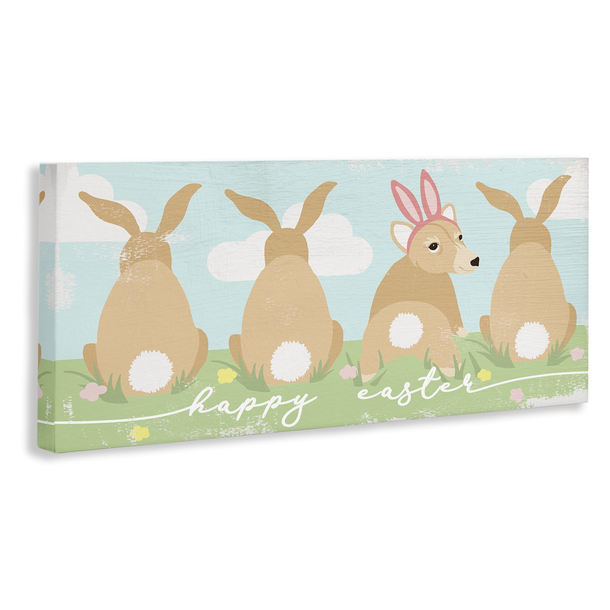 Happy Easter Sentiment Bunny Tails Funny Corgi Dog Canvas Art, 40 x 17, By Lil' Rue