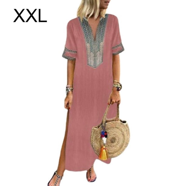 Qarigey Vestido de mujer Vestido bohemio con cuello en V Manga corta Vestido dividido Vestidos Rosado XXL