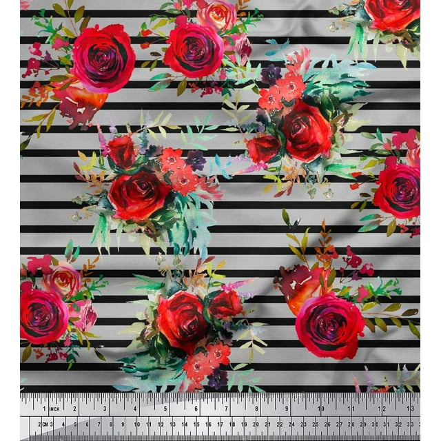 Soimoi Poly Georgette Fabric Leaves & Rose Flower Fabric Prints By Yard 52 Inch Wide