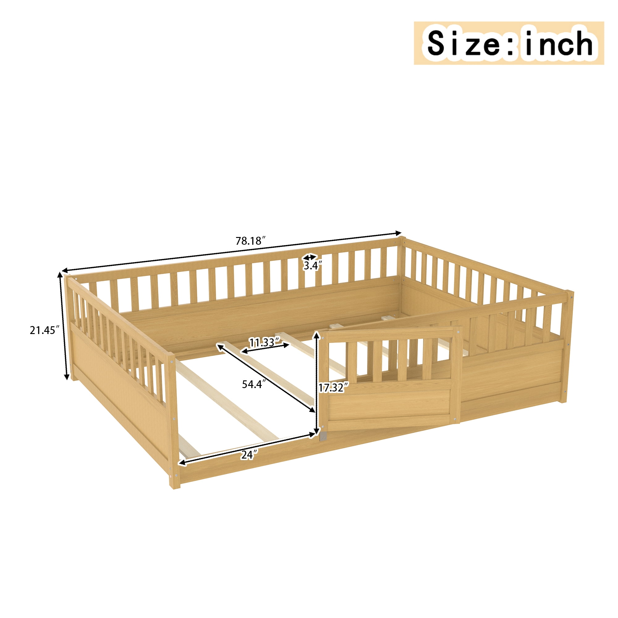 Floor Bed, Low-Profile Bed Frame, Full Size Bed with High Safety Barrier, Door and Support Slats for Stability, Solid Pine Wood Construction, Natural Wood