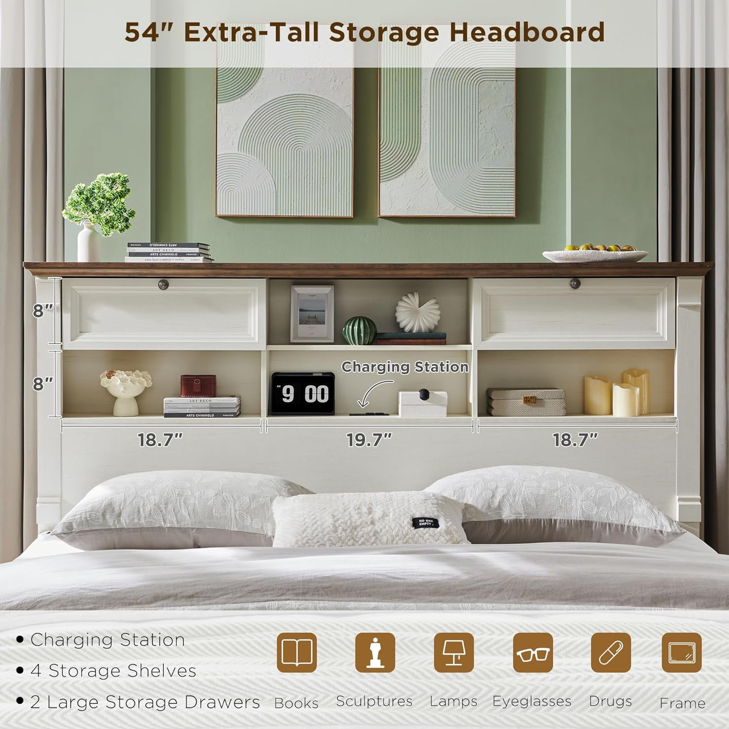 KeyWhat Farmhouse Queen Size Bed Frame with 54" Tall Storage Bookcase Headboard, Wood Platform Bed Frame with 2 Drawers, No Box Spring Needed, Antique White