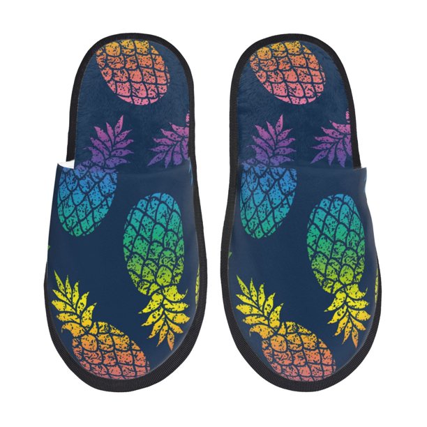 Fotbe Abstract Bright Pineapple Fruit Retro Pantuflas Peludas para Mujer con Estampado, Zapatillas de Peluche, Zapatos de Invierno para Casa, Uso Interior y Exterior-Large