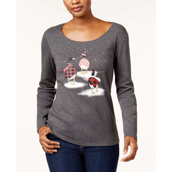 Karen Scott Cotton Geese Print T-Shirt Charcoal Heather M