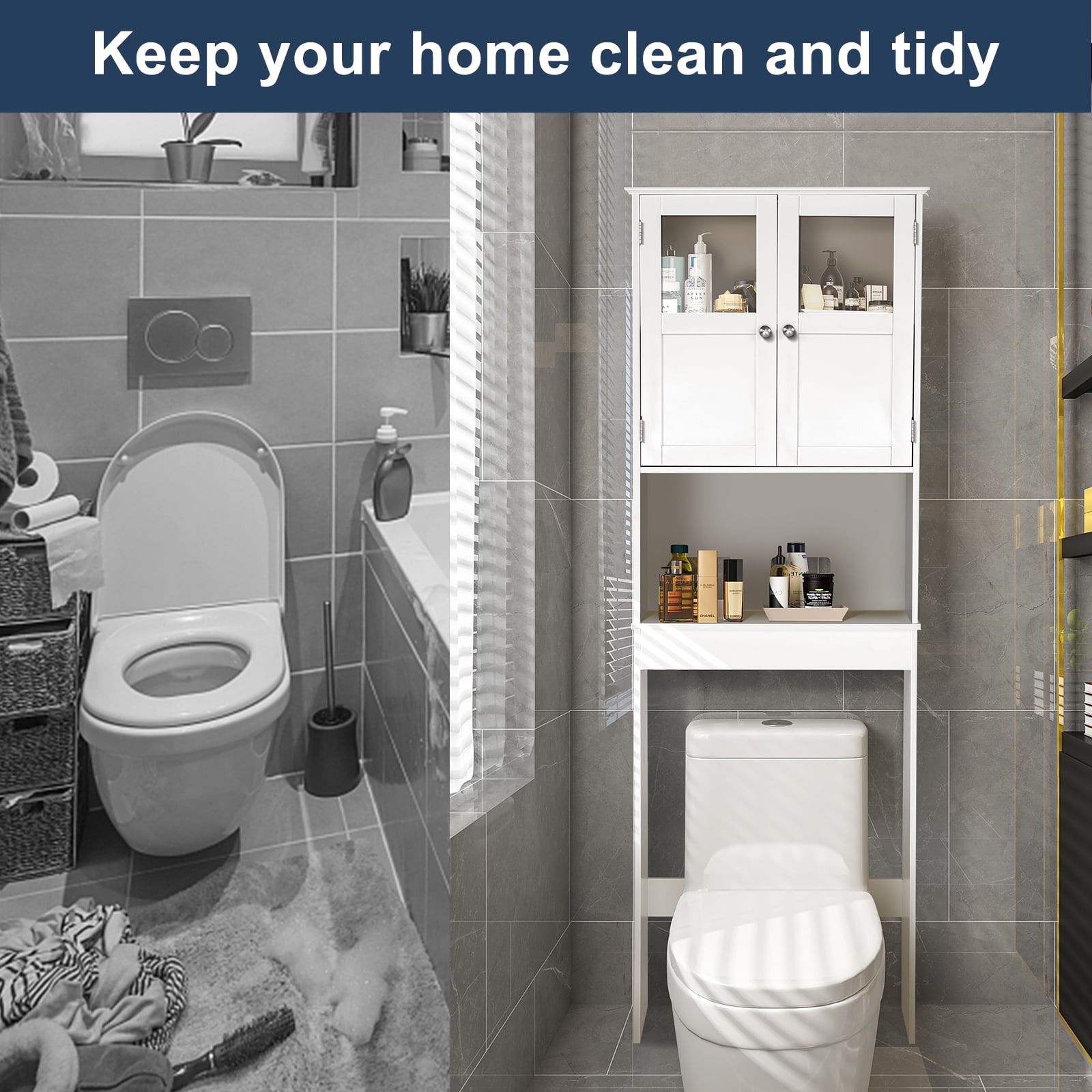 Ktaxon Bathroom Storage Over the Toilet  Cabinet with Adjustable Shelf & 2 Doors Space Saver, White