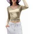 thumbnail image 2 of Womens Long Sleeve V Neck Ribbed Knit Fitted Casual Tops Tee Slim Basic Shirt Cream White L, 2 of 8