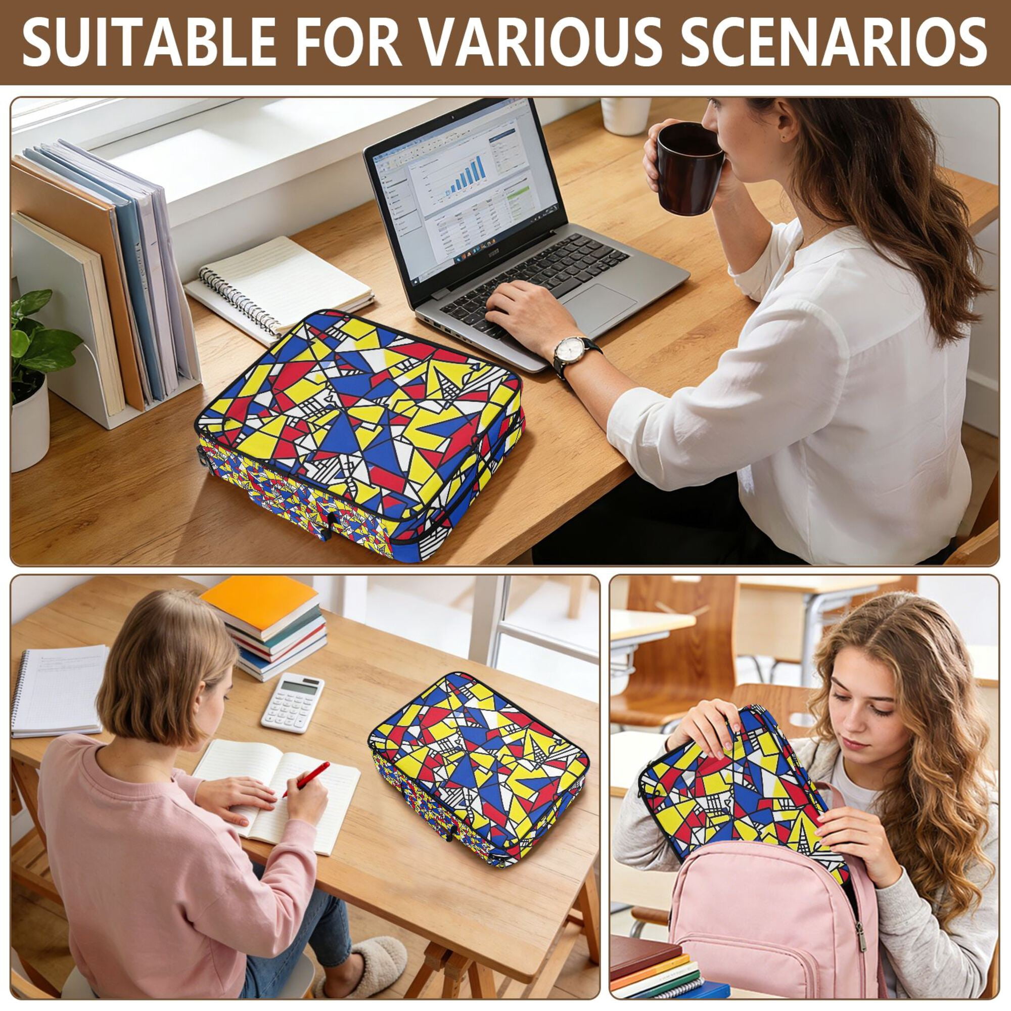 FORMRS Accordion File Folder A4 Size 7-Pocket Expanding Document Organizer Bag with 3 Ring Binder, Art Triangles