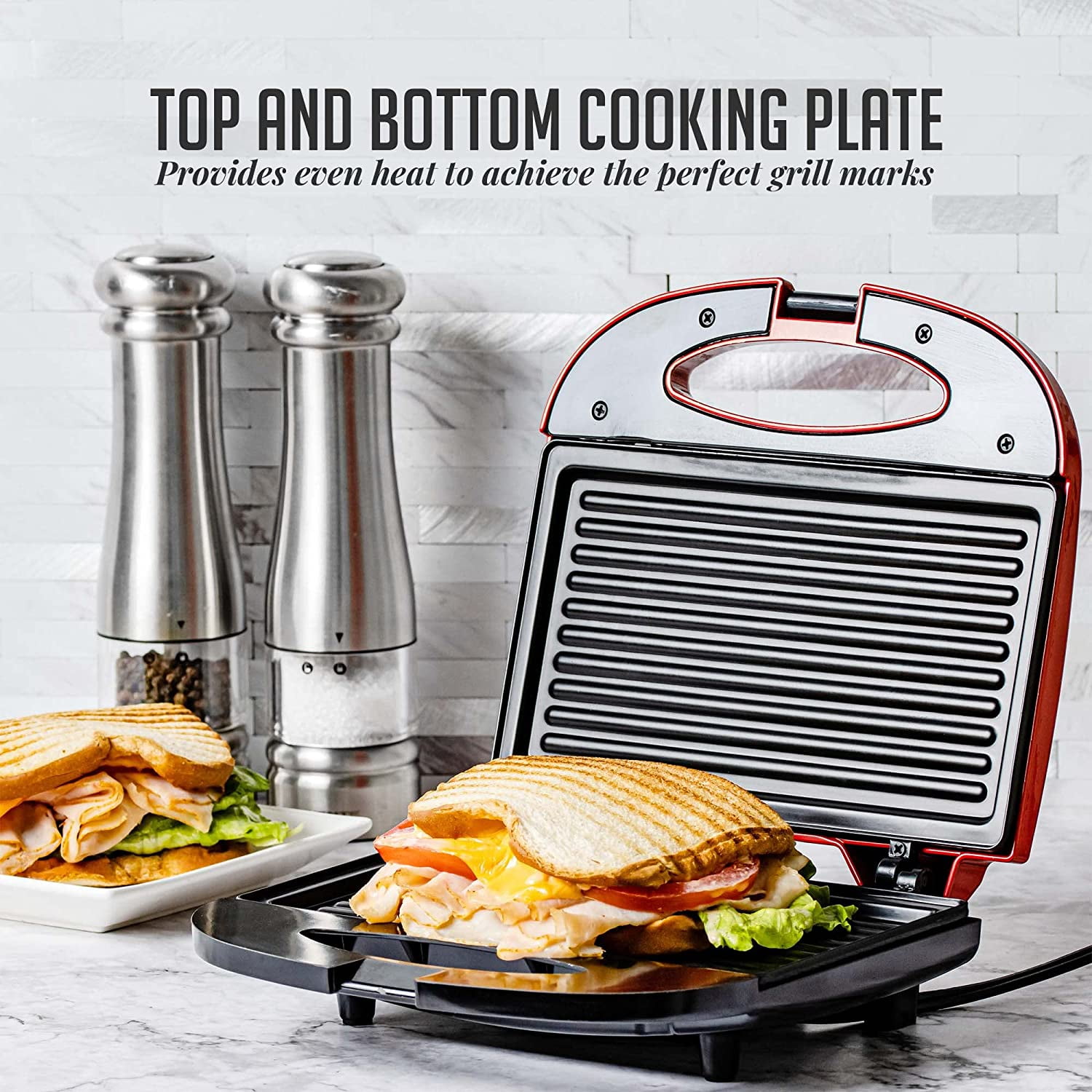 OVENTE Electric Sandwich Maker with Non-Stick Plates, Indicator Lights,  Cool Touch Handle, Easy to Clean and Store, Perfect for Cooking Breakfast