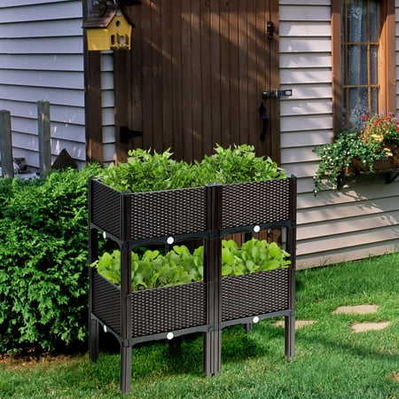 Costway Set of 4 Raised Garden Bed Elevated Flower Vegetable Herb Grow Planter Box - Brown + Black