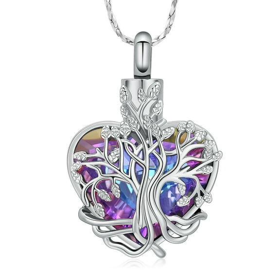 Tree of Life Crystal Heart Urn Pendant Necklace for Cremation Ashes Urn Necklace Lockets for Ashes Holder Memorial Jewelry