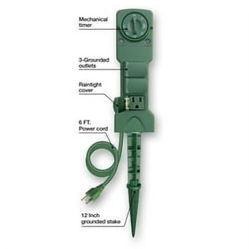 Outdoor 3-Outlet Power Stake with Timer, 1250 Watts, Green, 6', by Holiday Time