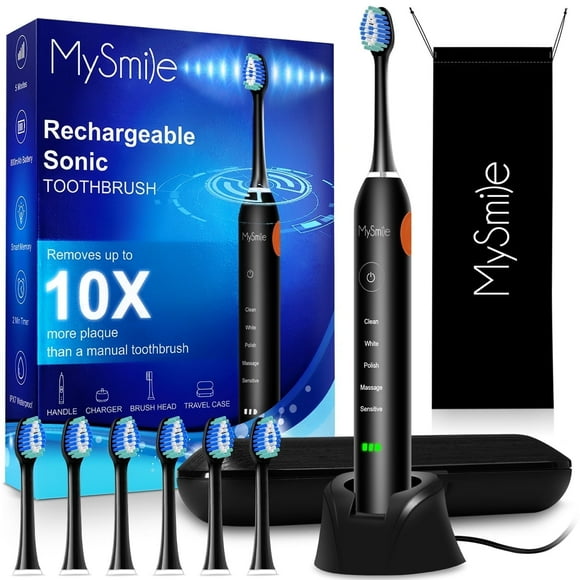 MySmile Cepillo de Dientes Eléctrico Sónico Recargable para Adultos, Seguro para el Esmalte, 6 Cabezales de Repuesto, 5 Modos de Limpieza Profunda, Color Negro