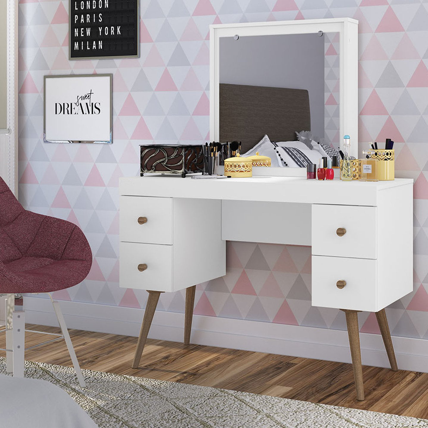 Boahaus Mary Modern Vanity Table With Mirror 4 Drawers And Solid