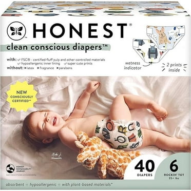The Honest Company Clean Conscious Diapers | Plant-Based, Sustainable | All The Letters   It's a Pawty | Club Box, Size 6 (35  lbs), 40 Count