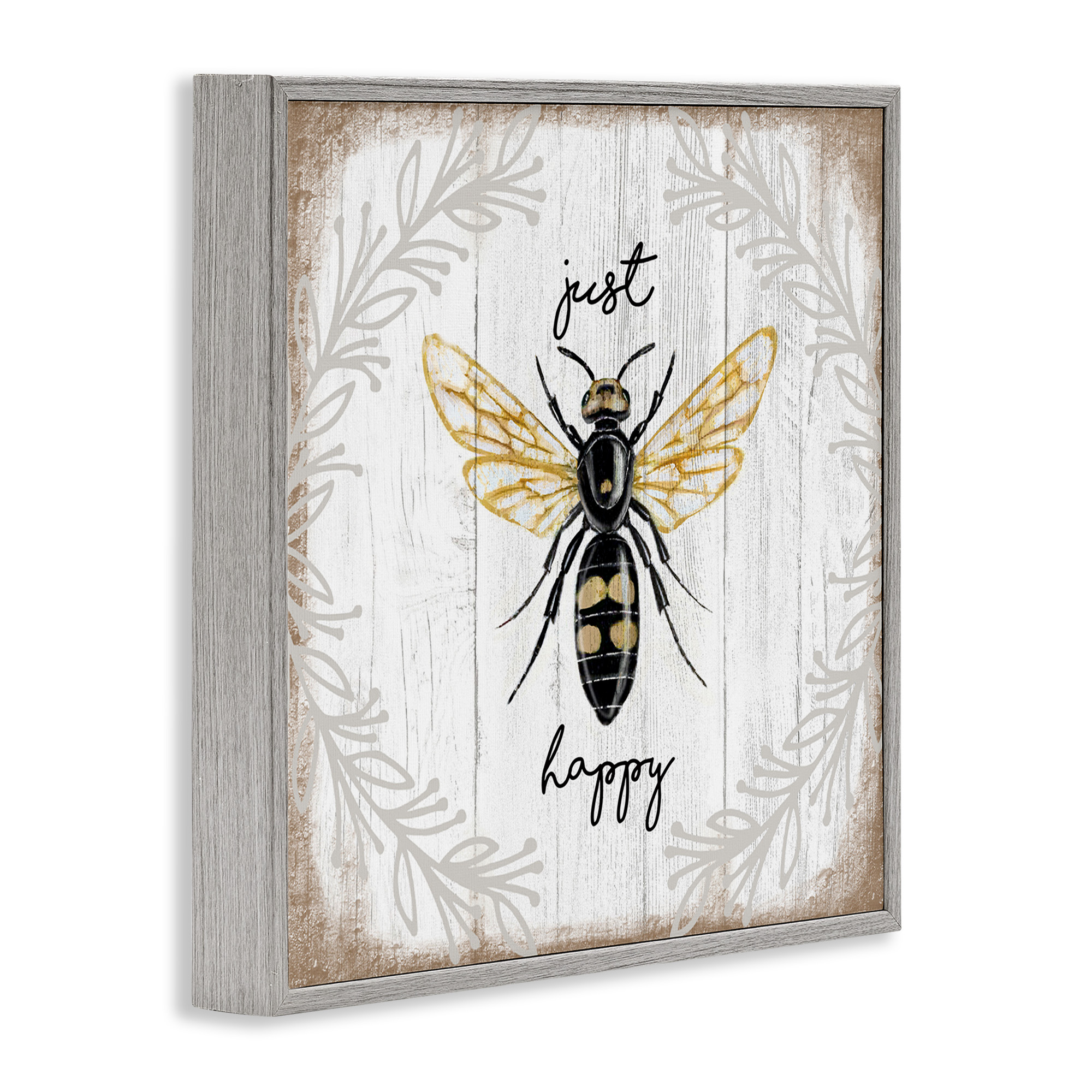 Stupell Industries Just Be Happy Charming Bee Animals & Insects Painting Gray Framed Art Print Wall Art, 17 x 17