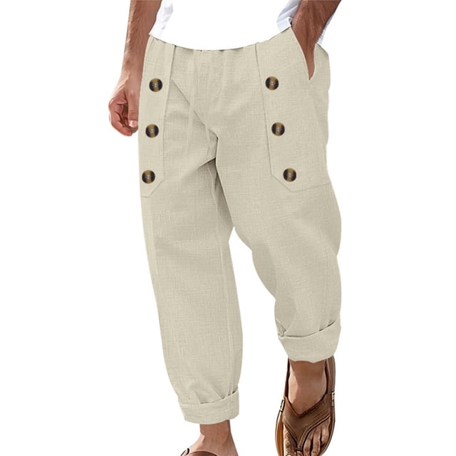 Pisexur Sweatpants for Men High-end Fabric Work Pants for Men Casual Beach Solid Color Linen Loose Drawstring Button Pocket Pants Khaki,2XL