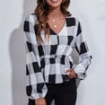 thumbnail image 2 of Imprimir V cuello WRAP Top linterna manga larga ruffle hem mujeres floral impresión abrigo blusa para mujer blanco y negro grande Checker M, 2 of 6