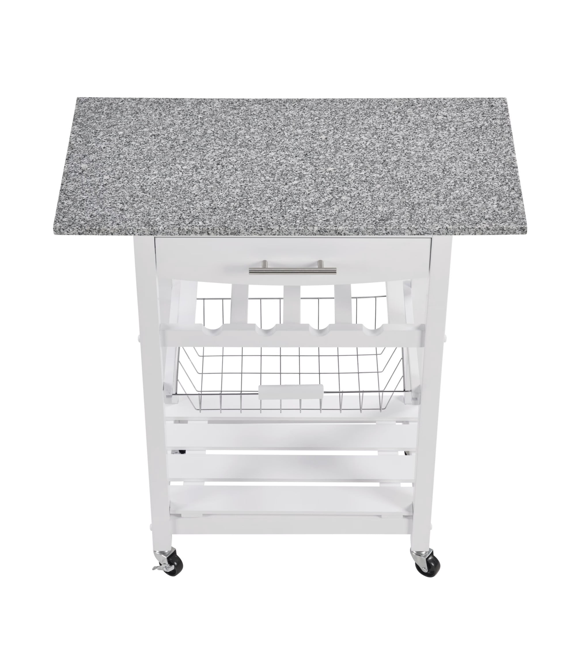 Mobile Rolling Kitchen Island Cart with Marble Top, Kitchen Trolley with Drawer & Slide-Out Wire Basket, Lockable Wheels, Portable Serving Cart for Kitchen, Dining Room, White