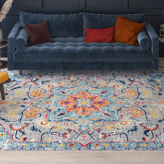 Transitional 5x8 Area Rug (5'3'' x 7'3'') Medallion Gray, Pink Living Room Easy to Clean