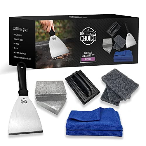 grillers choice griddle cleaning Kit, Flat Top grill Set - Microfiber clothes, cleaning Blocks, Scouring Pads, cleaning Brush, Scraper Seasoning & gri