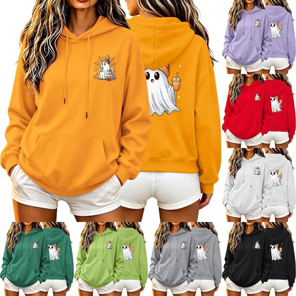 Aboser Womens Spooky Pullover Hoodies Halloween Party Shirts Cute Long Sleeve Tops Lightweight Cozy Hooded Sweatshirts with Pockets