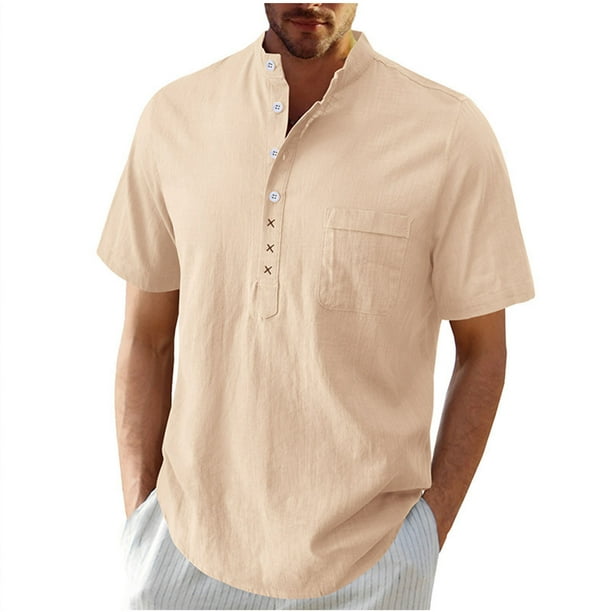 Mens Casual Manga Corta Botón Abajo Camisas, Verano Color Sólido, Cuello de Soporte Bolsillo Camisa Turndown